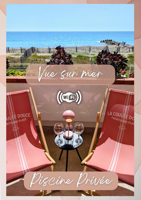 a woman sitting on a table inbetween two chairs at Studio Vue mer, Piscine, Wifi, Climatisation, Parking privé, Terrasse 1ère ligne - La Coulée Douce in Frontignan