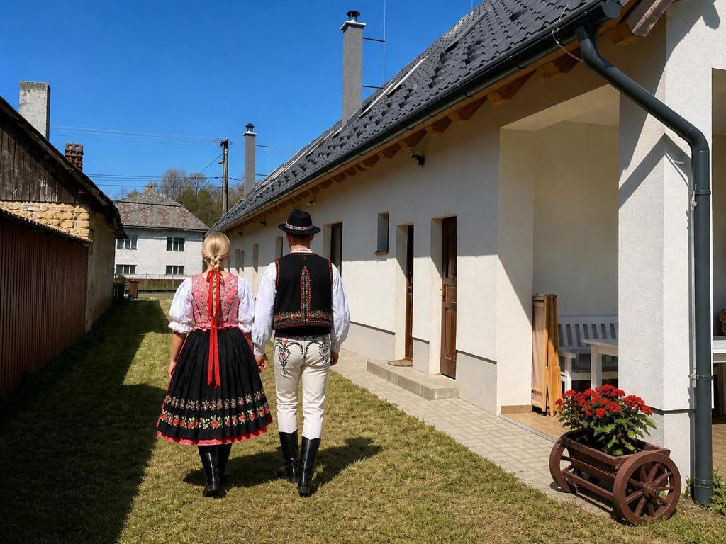 a man and woman in historical clothing walking towards a building at Rusínska chyža in Ulič