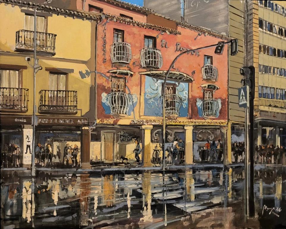 a painting of a building on a street at Hosteria Pastor in Aranda de Duero