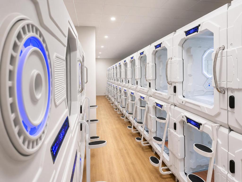 a row of white toilets in a room at Beddy Hostels in Madrid