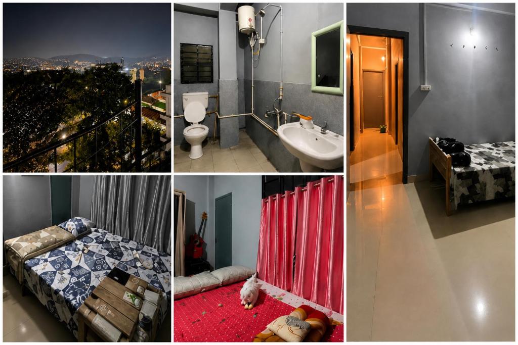 a collage of four pictures of a bathroom at The 1802 backpackers hub in Shillong