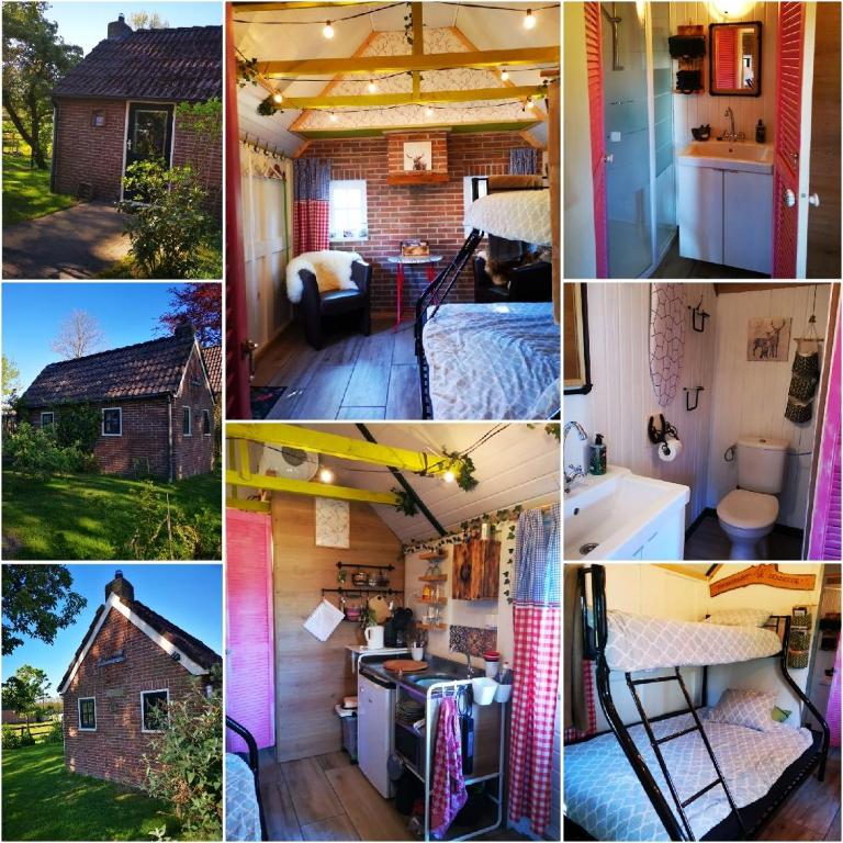 a collage of different pictures of a house at Trekkershut - Tiny House - Hikers cottage in Wijster