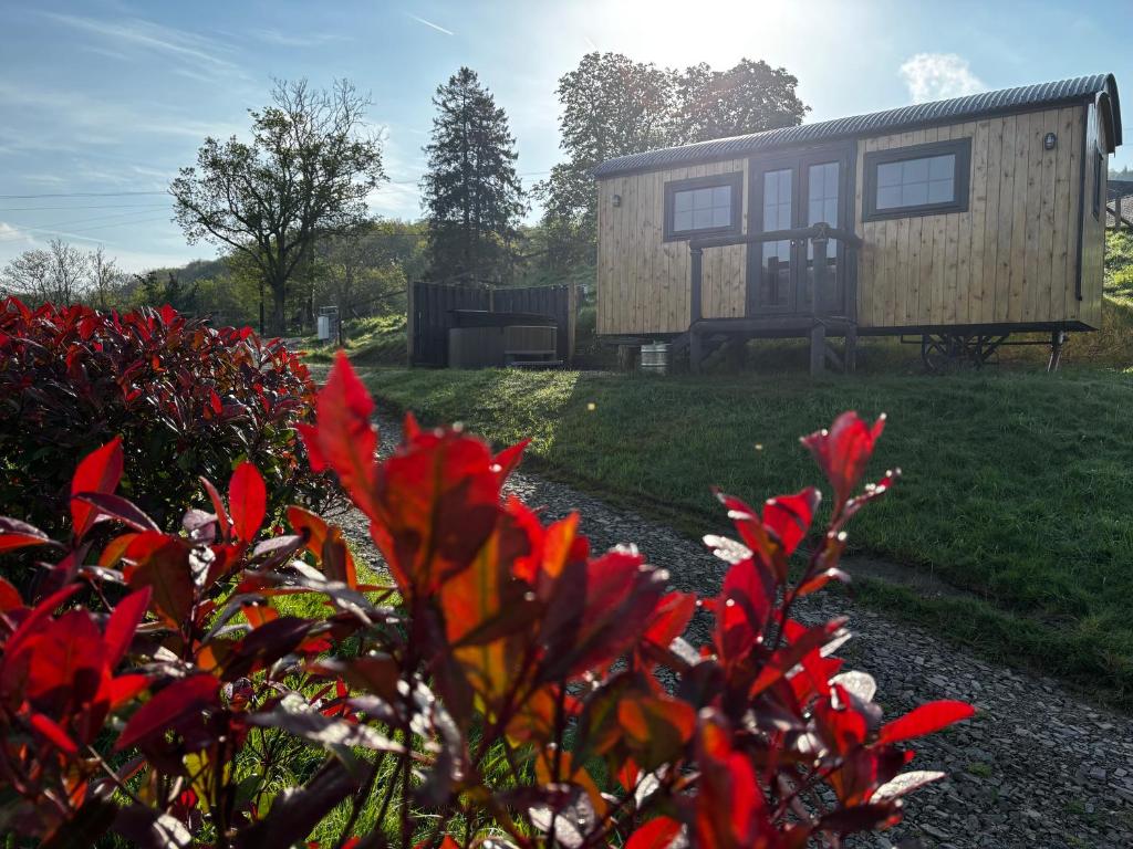 a small house with red flowers in front of it at Oakies Farm Stays in Llandovery