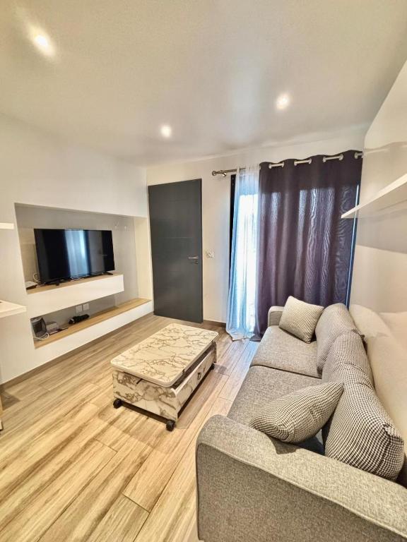 a living room with a couch and a flat screen tv at Cozy studio Annecy in Poisy