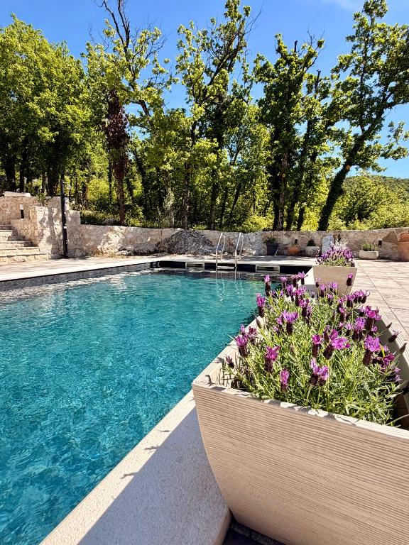 a swimming pool with some flowers in a yard at Luxury Villa Andrea Vrzika in forest near the sea with heated pool in Zagvozd