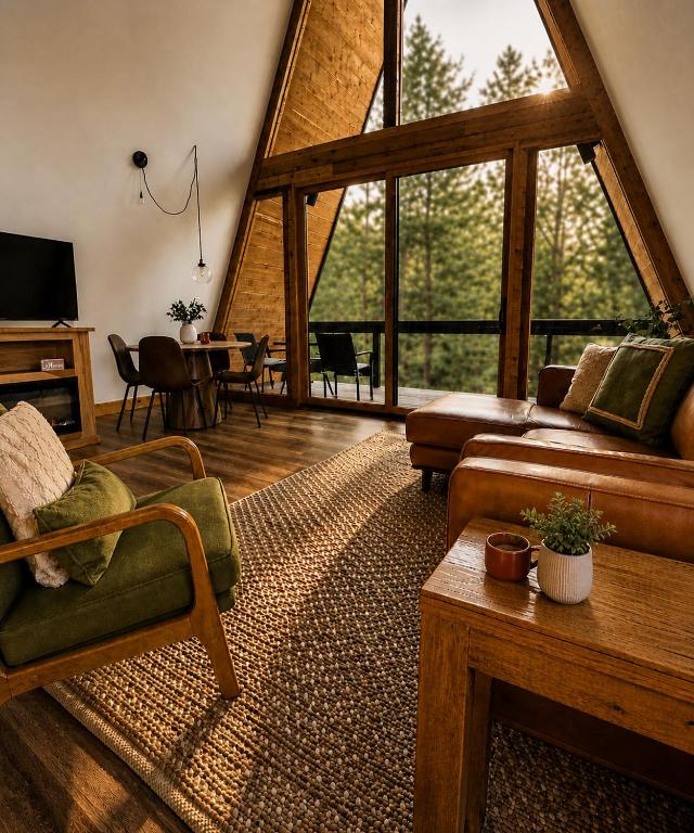a living room with a couch and a table at Dogwood Den- Cozy Forest A-Frame Near Bentonville in Rogers