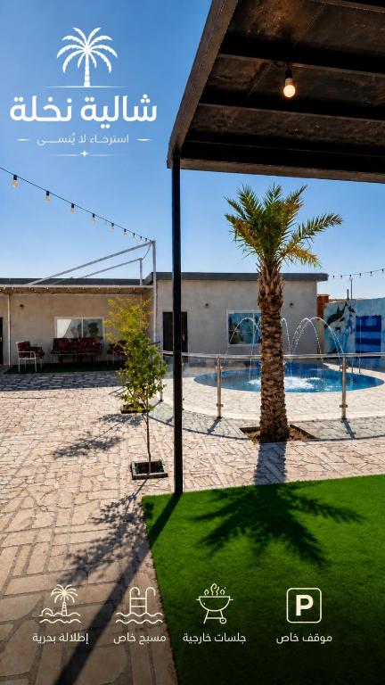 a palm tree in front of a building with a green rug at شالية نخلة in Buraydah
