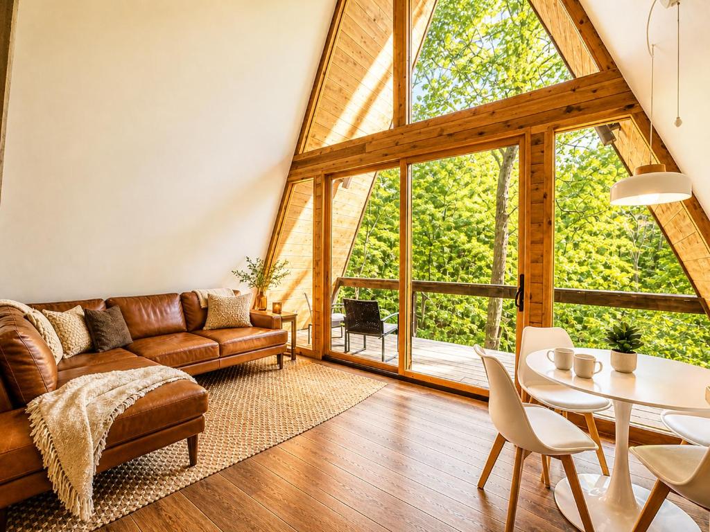 a living room with a couch and a table at Black Walnut Bungalow-Cozy Forest A-frame near Bentonville in Rogers
