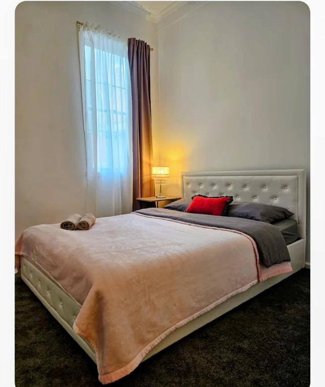 a bedroom with a large bed with a window at Euro Nomads in Melbourne