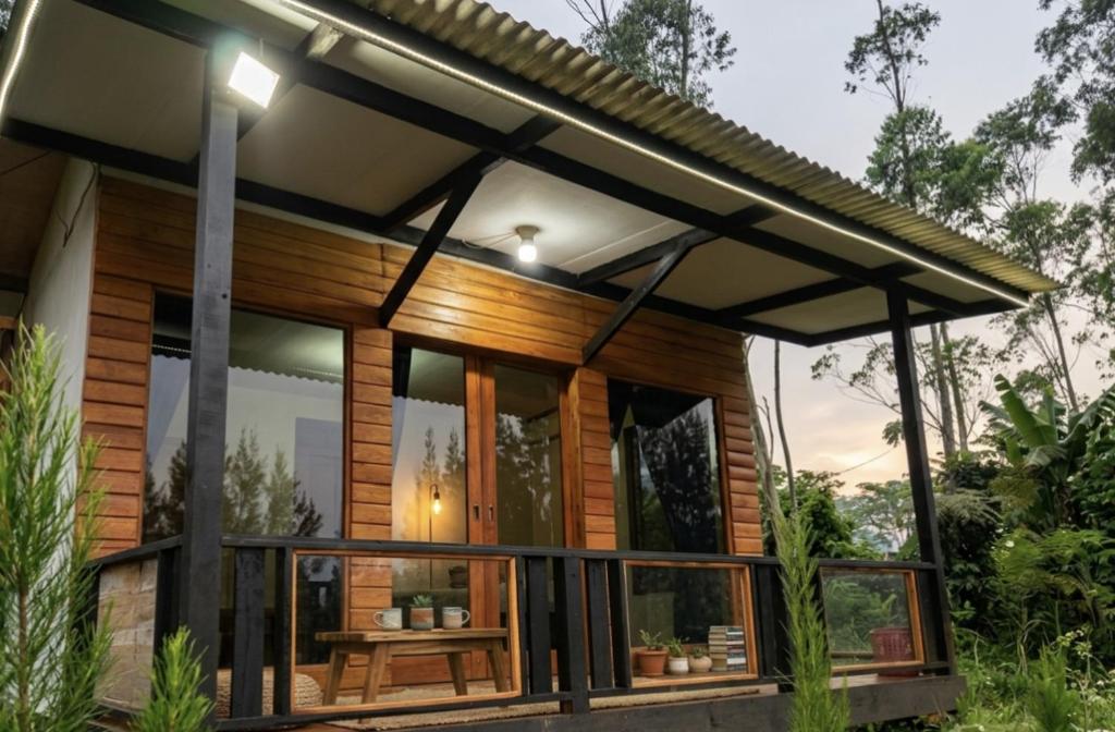 a sustainable house with a large glass facade at Bliss Family in Palayangan