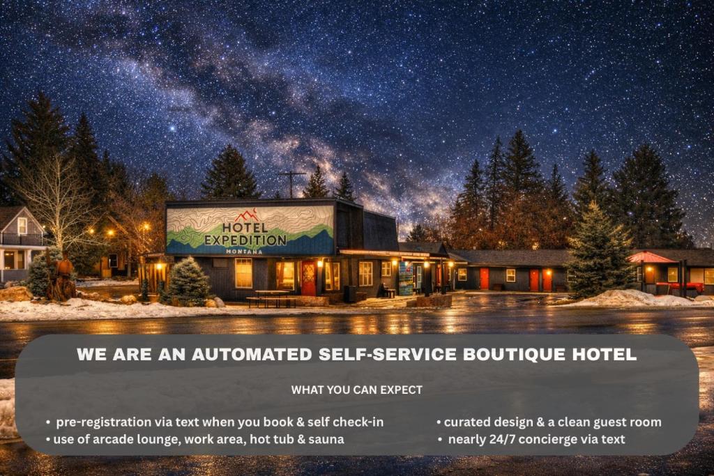 anaunted self service building under a starry sky at Hotel Expedition in Red Lodge
