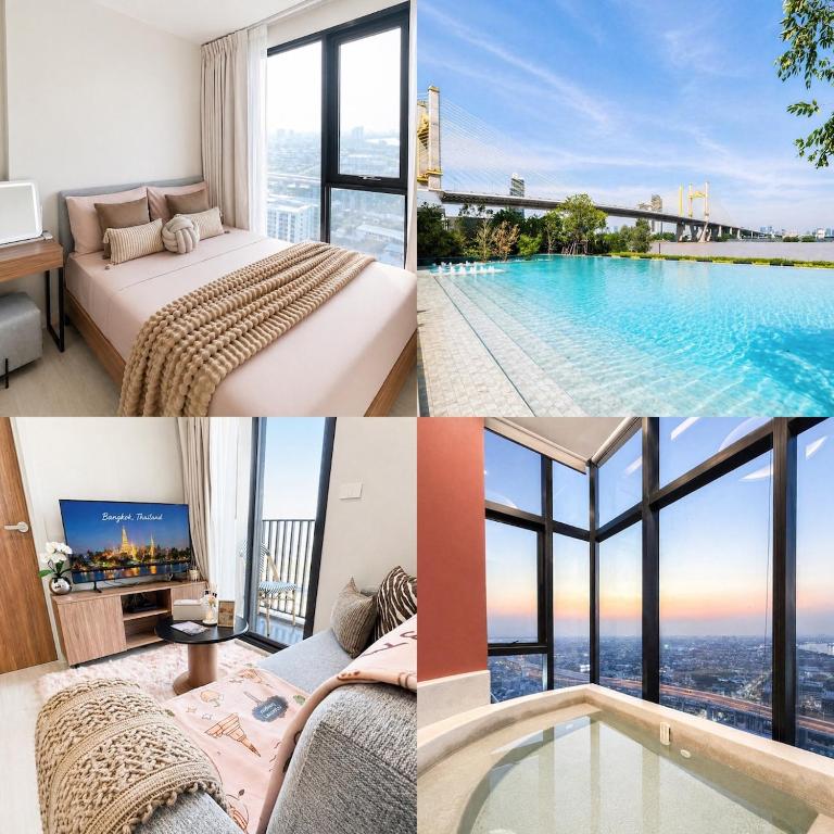 a collage of photos of a hotel room with a pool at Luxury Riverside Condo with riverside pool in Bangkok