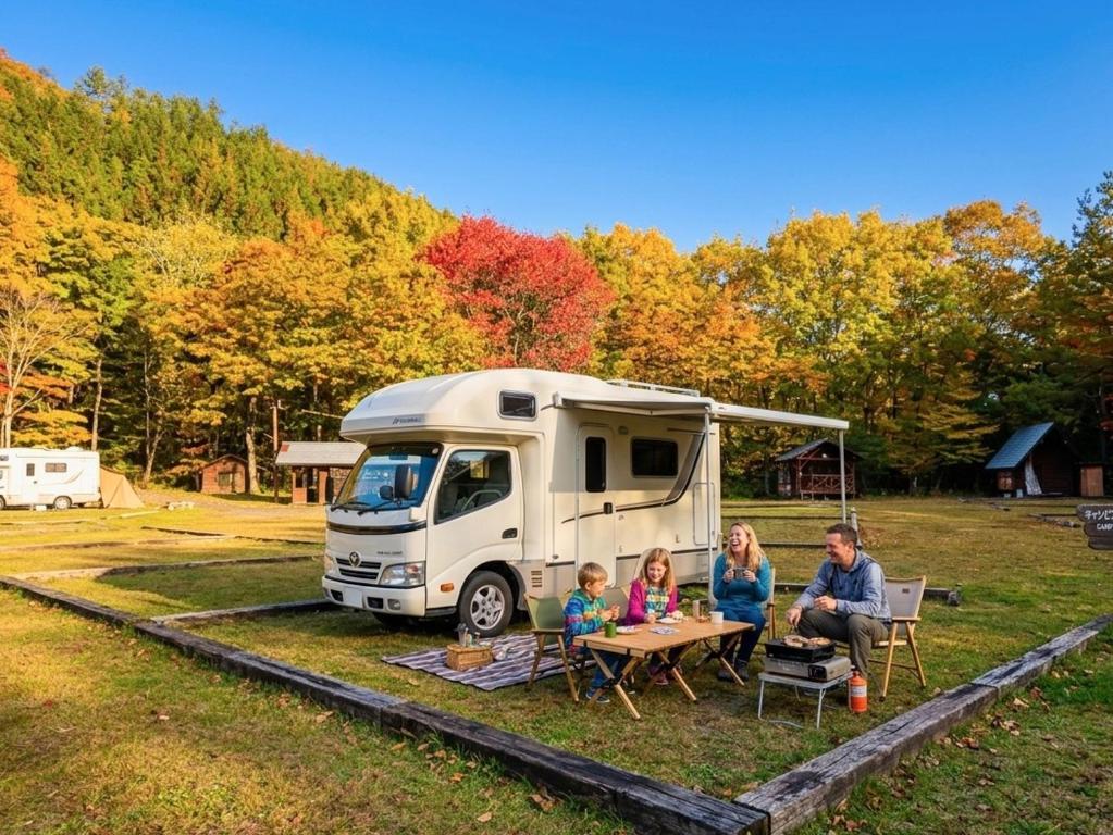 a family sitting at a table in front of a caravan at Camping field Kisokodo in Kiso-Fukushima