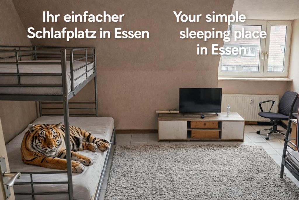 a room with bunk beds with a tiger laying on the floor at einfacher Schlafplatz ohne Ansprüche in Essen