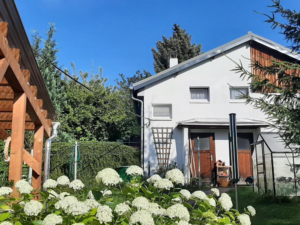 a white house with white flowers in front of it at Ferienhaus Olbersdorf in Olbersdorf