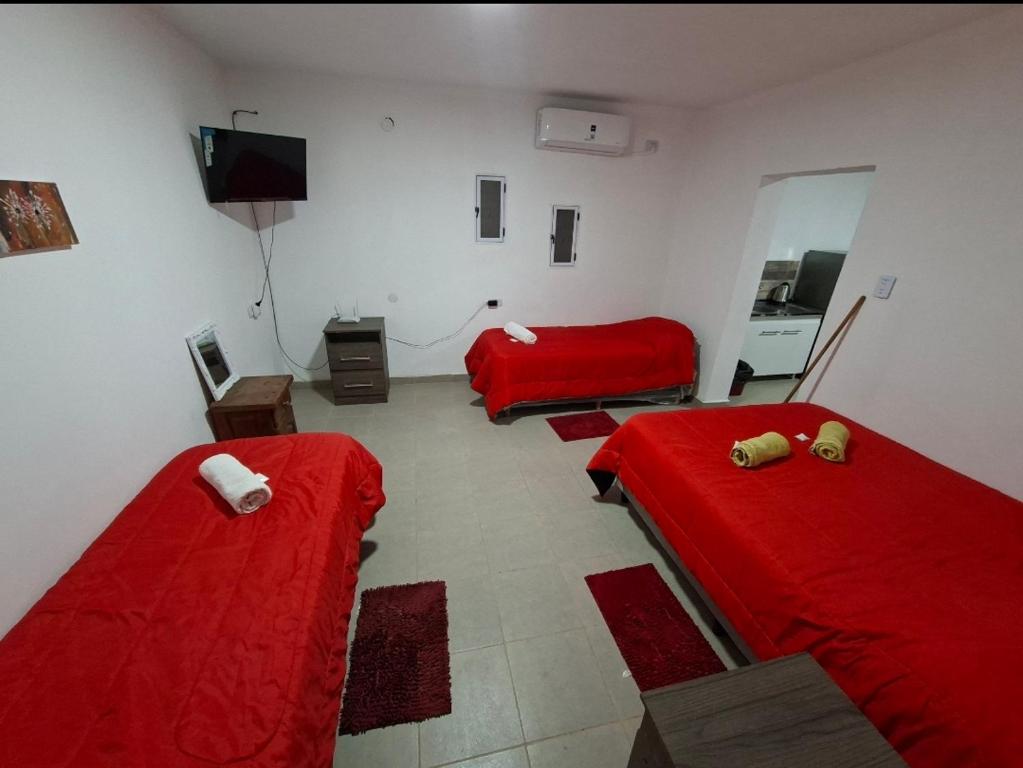 a room with two red beds and a television at Flor de la Montaña 2 in Fiambalá