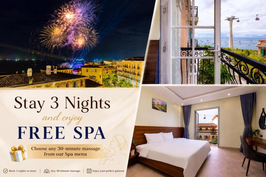 a collage of pictures of a hotel room with fireworks at Hồng Chúc Hotel in Phú Quốc