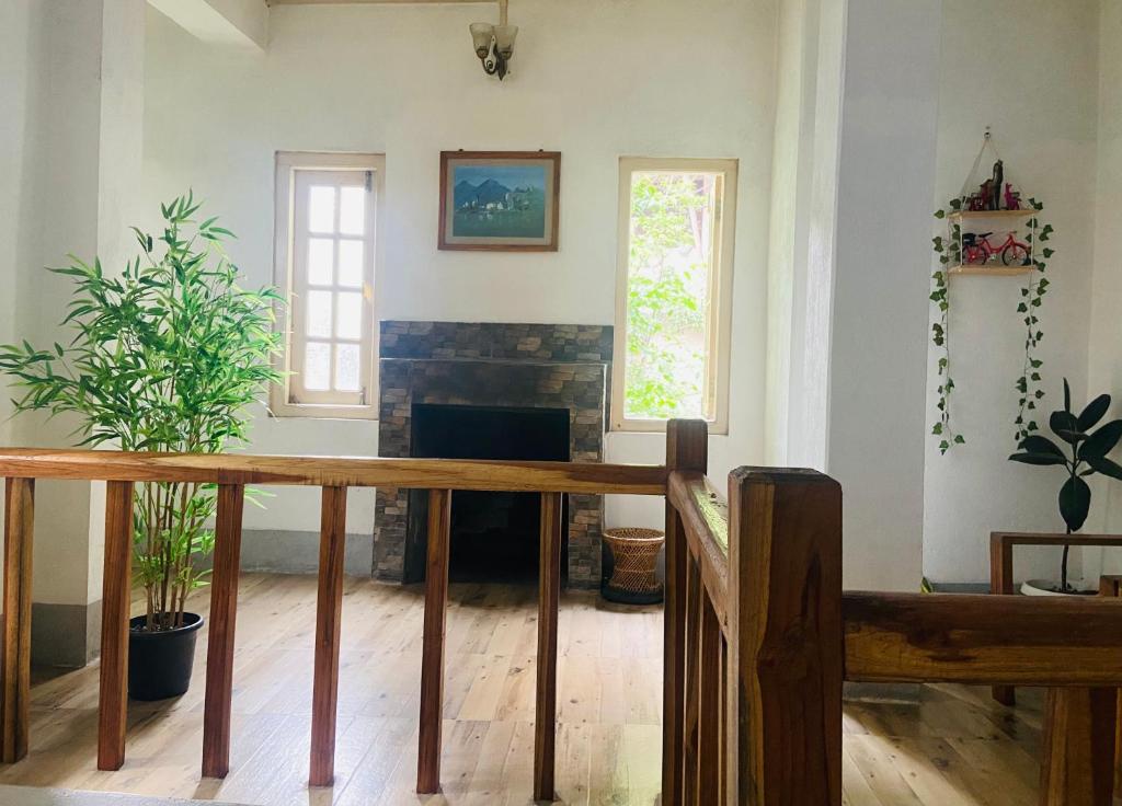 a living room with a fireplace and some plants at Maple Homestay in Kohīma