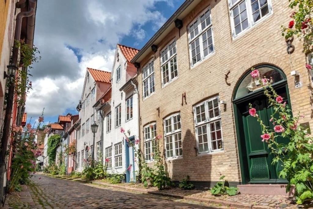a cobblestone street in an old town with buildings at Fördequartier Stadtloft Flensburg in Flensburg