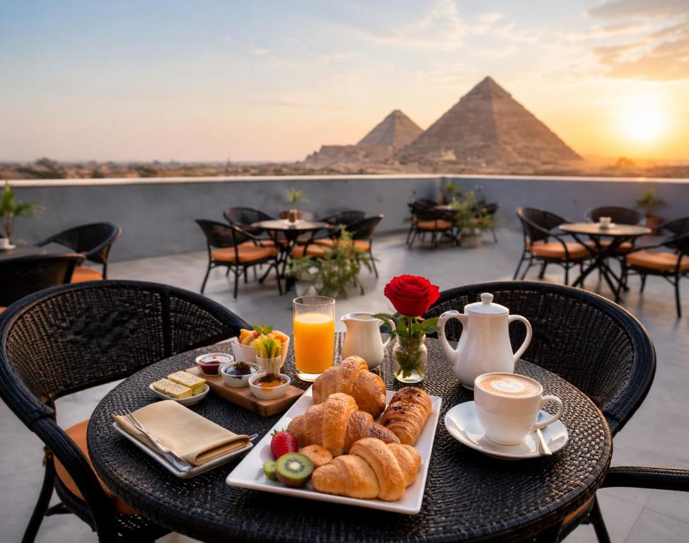 a table with a tray of pastries and coffee and the pyramids at phoenix Pyramids- roof top in Cairo