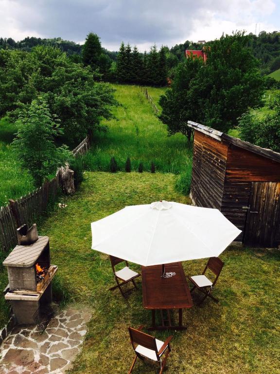 a picnic table with an umbrella and a grill at Vila close to Bran Castle in Moieciu de Jos