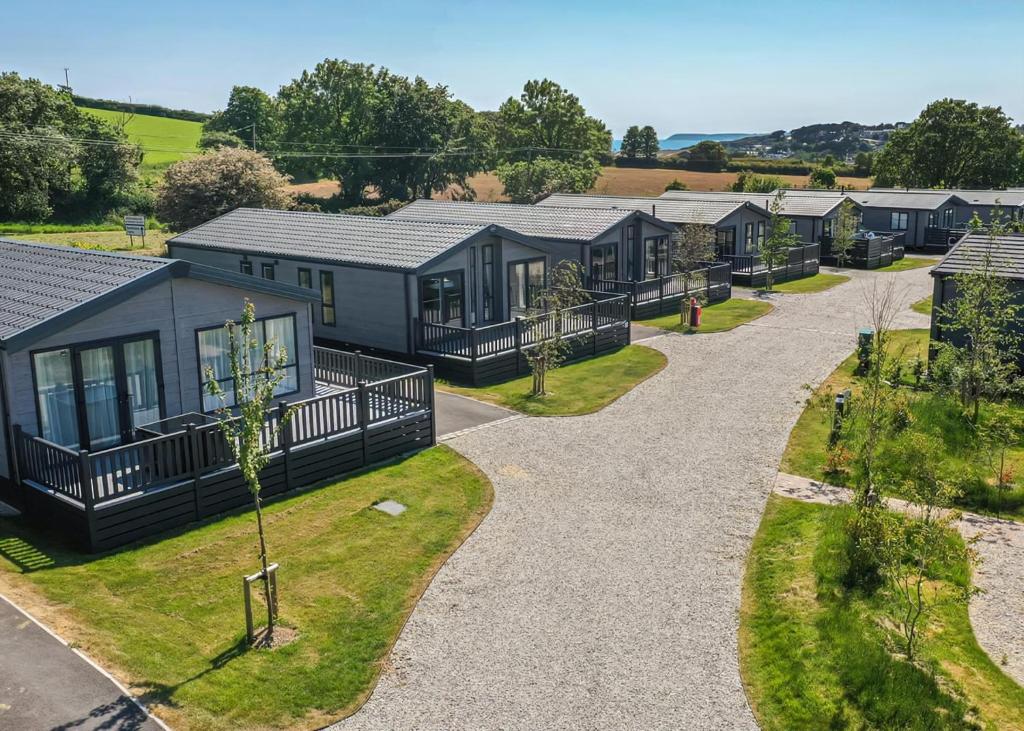 an overhead view of a row of houses at Penmarlam Lodge Retreat in Fowey