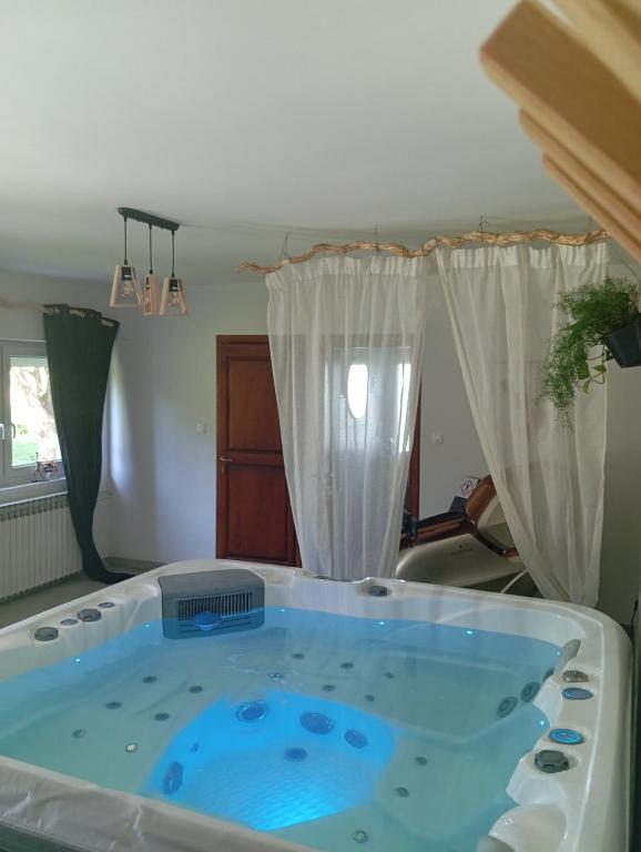a hot tub in a living room with curtains at Apartman Rendulić in Ogulin