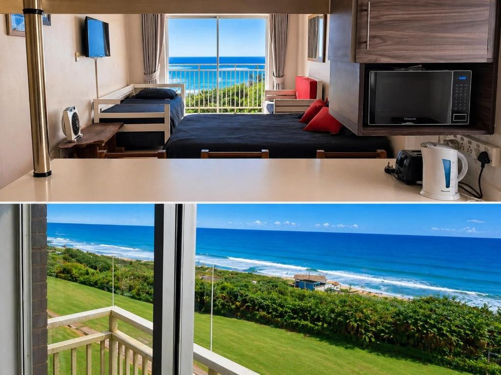 two pictures of a room with a view of the ocean at Scottburgh Peacehaven Holiday Flat 202 in Scottburgh