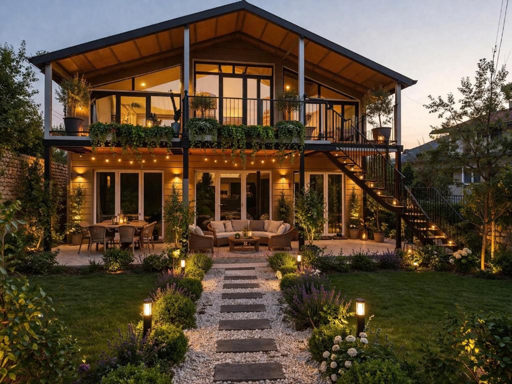 a home with a patio and a house with lights at Lukas cottage in sagarejo in Sagarejo