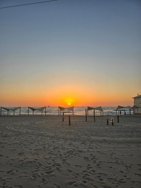 Sonnenuntergang am Strand mit einer Gruppe von Netzen in der Unterkunft הסוויטה בטיילת in Aschdod