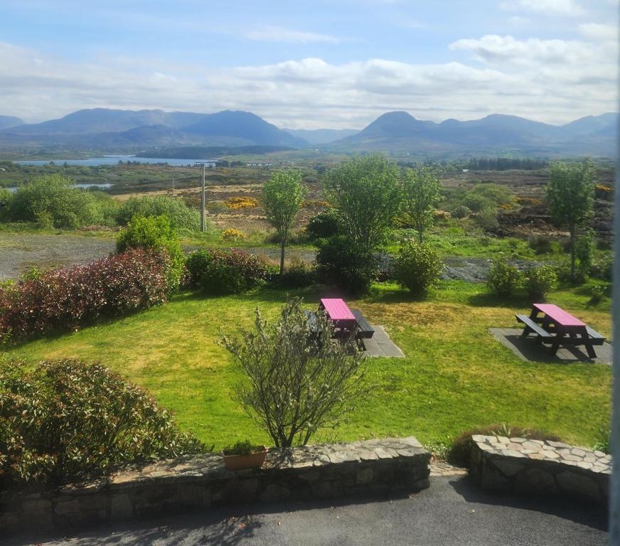two picnic tables in a field with mountains in the background at Ben Breen House Apartment in Crockaunroe