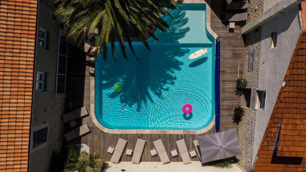 an overhead view of a swimming pool with chairs and a palm tree at Hôtel Le Square in Saint-Pierre-dʼOléron