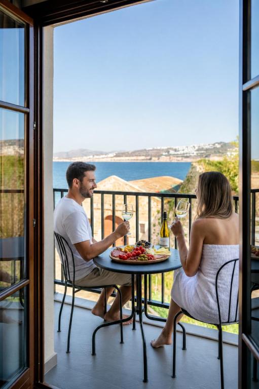 a man and a woman sitting at a table with wine glasses at Ethos Suites in Chania