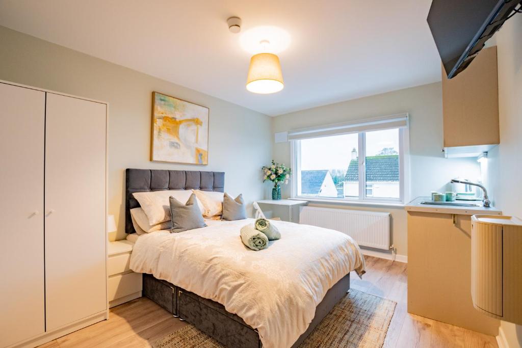 a bedroom with a bed and a kitchen with a window at Flexistays - Private En-Suite Studios - Kinnegad in Kinnegad