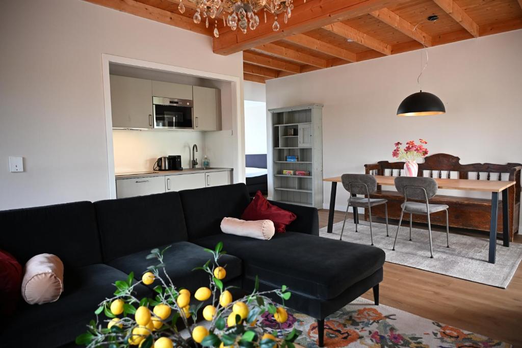 a living room with a black couch and a table at Simmerwille - stilte accommodaties in nationaal park de Alde Feanen in Earnewâld