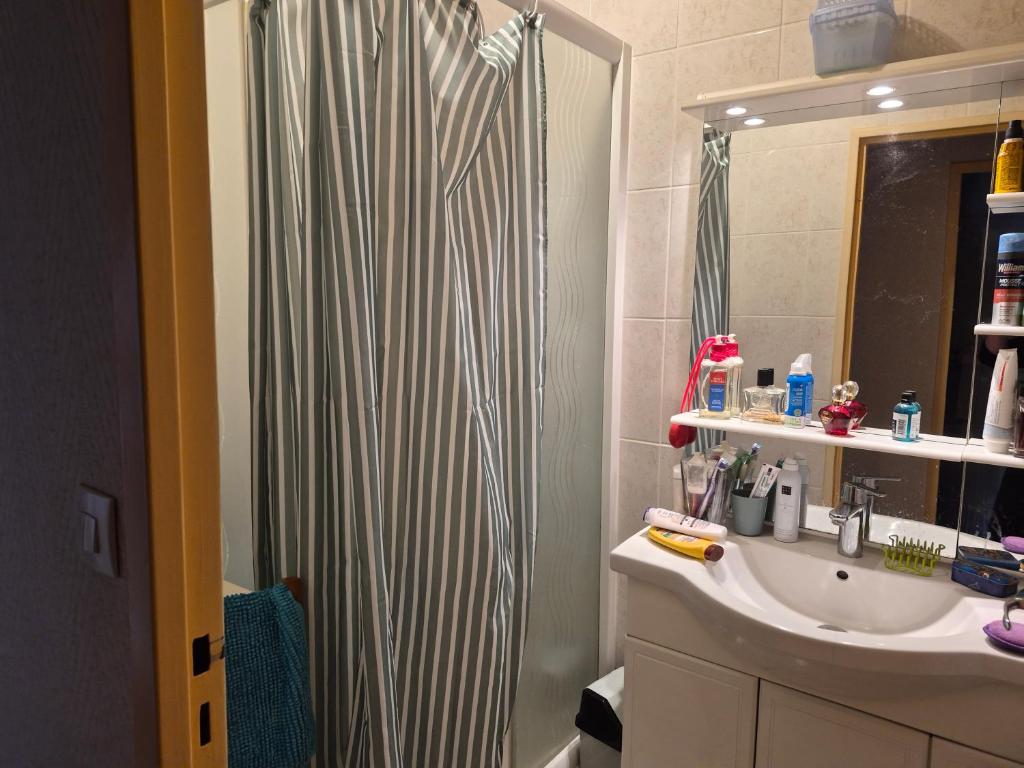 a bathroom with a shower curtain and a sink at Les pins in Mulsanne
