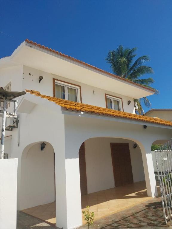 a white house with a palm tree in the background at Coco villa in Flic-en-Flac