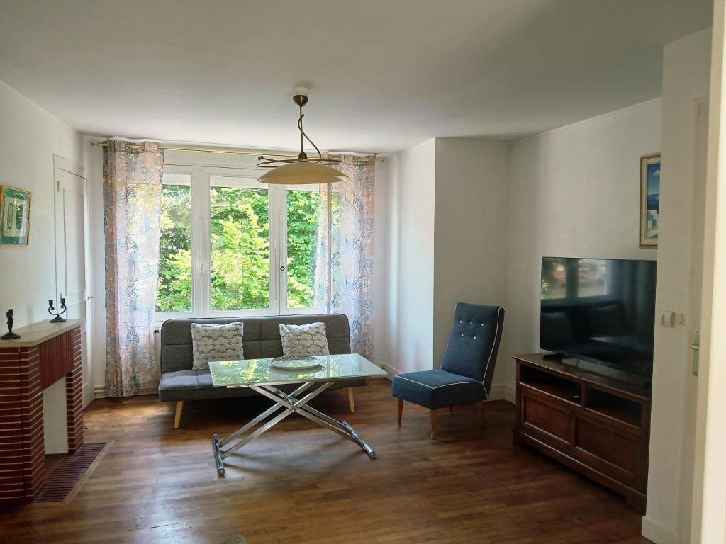 a living room with a couch and a table and a tv at Maison Angers bord de loire, rue Jules Quelin in Les Ponts-de-Cé
