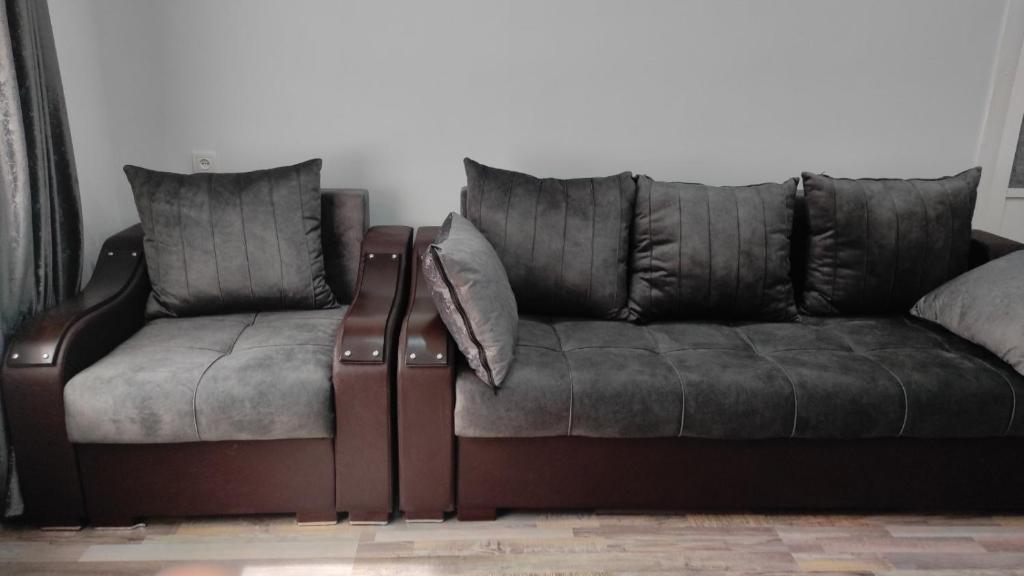a leather couch with two pillows on top of it at Bnakaran dzoragetum in Dzoraget