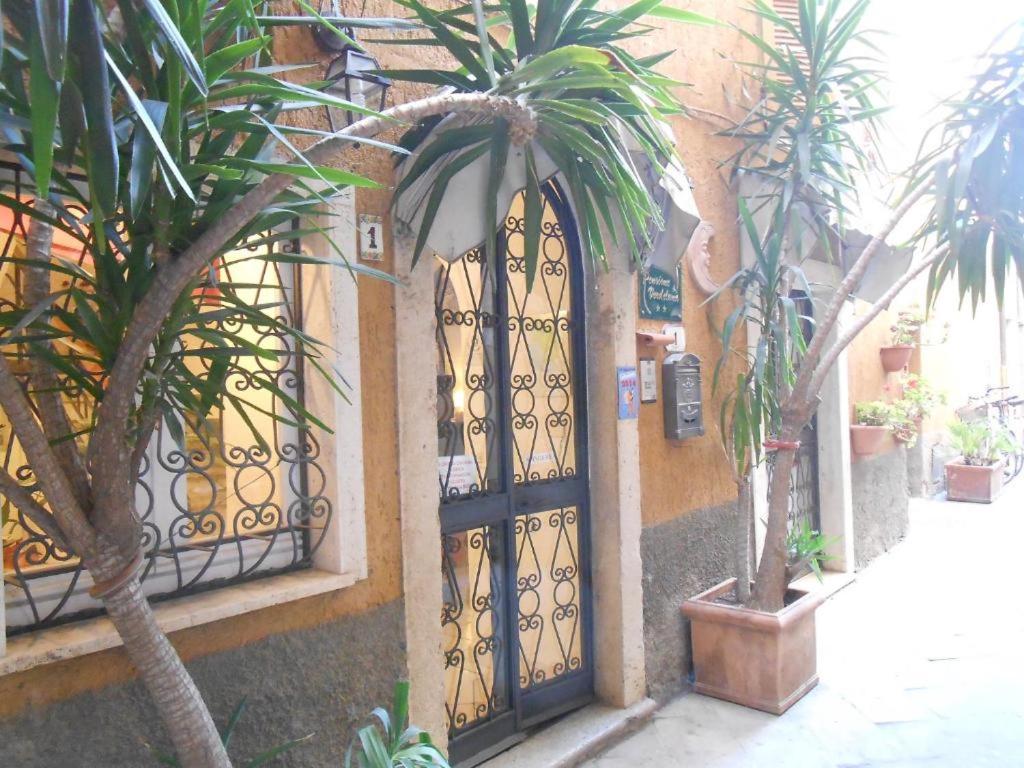 a building with a gate with a palm tree in front of it at Verde Luna B in Orbetello