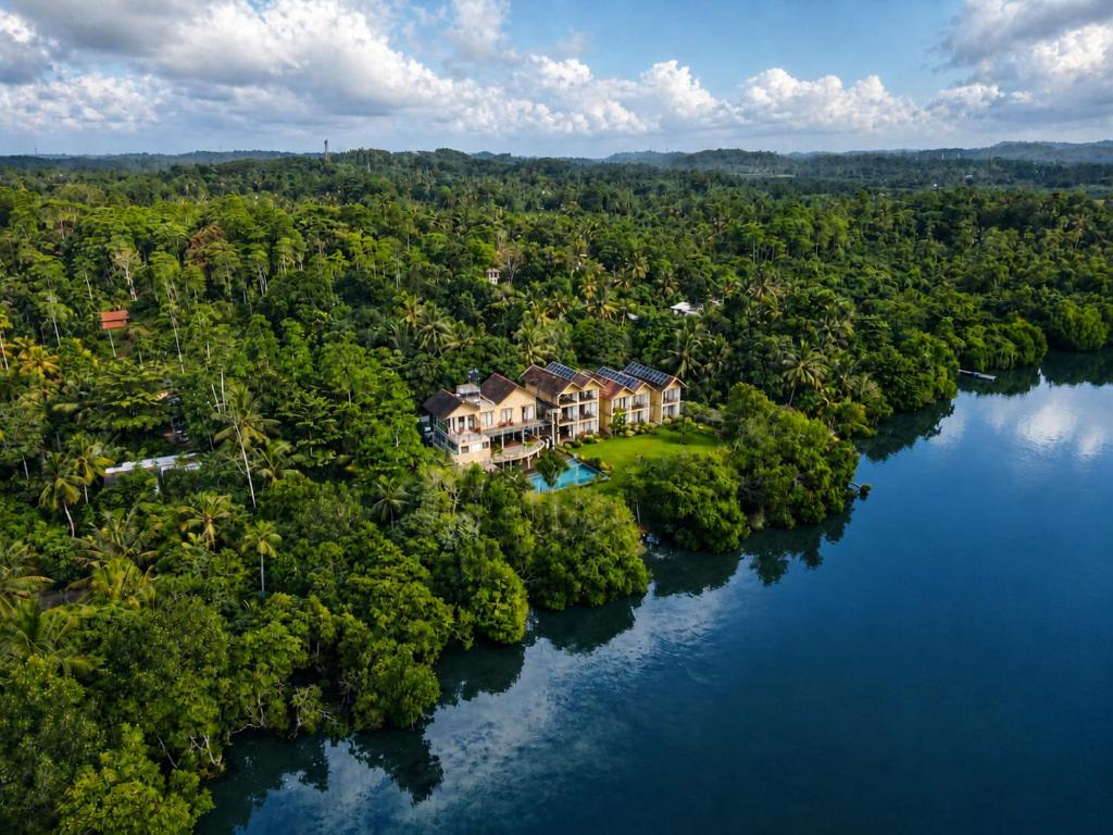 an aerial view of a house on a island in a river at Zen Koggala by Sugar Coliving in Habaraduwa Central