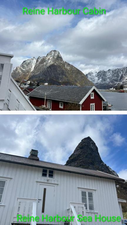 two pictures of a house and a mountain at Reine Harbour Cabins in Moskenes