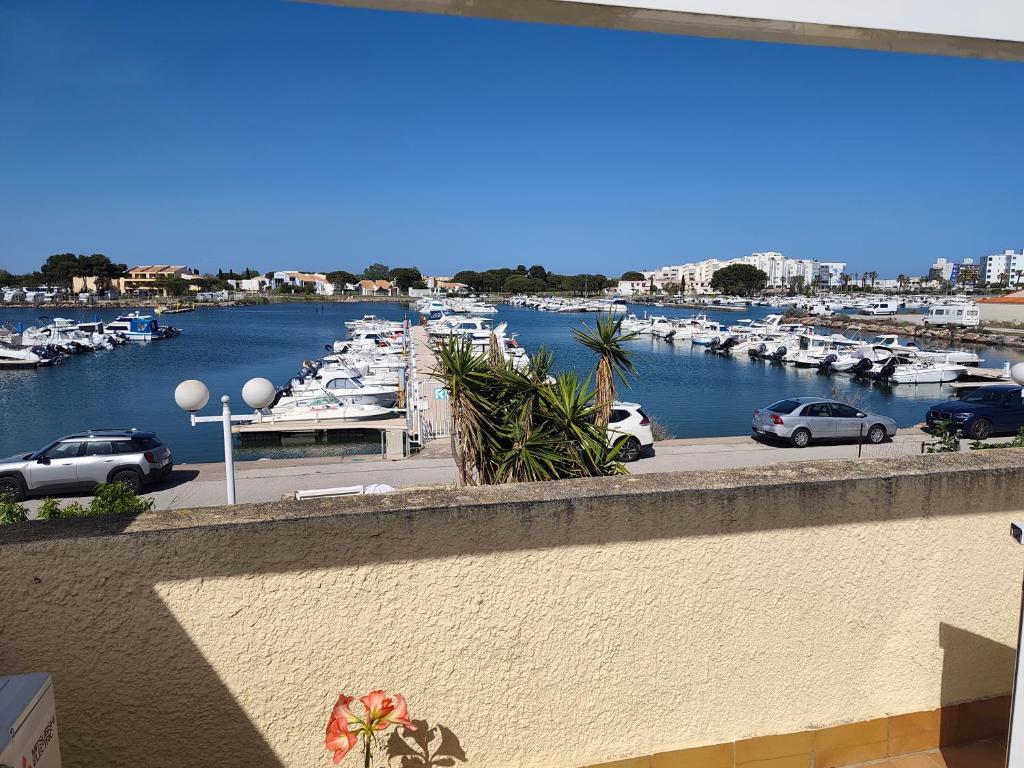 a view of a marina with boats in the water at Résidence soleilla in Le Barcarès
