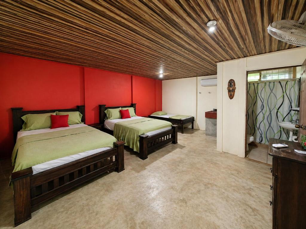 a bedroom with two beds and a red wall at Hostel Osa Tucan Drake in Drake
