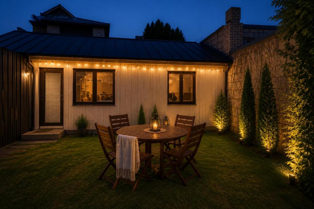 a table and chairs in a yard with lights at Pärnu Saunamaja saun, aed, mere lähedal ja tasuta parkimine in Pärnu