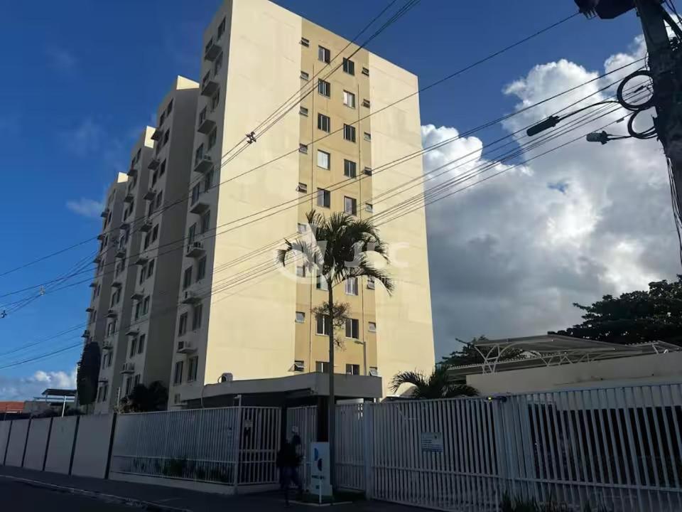 a tall building with a palm tree in front of it at Conforto e praticidade perto do aeroporto in Aracaju