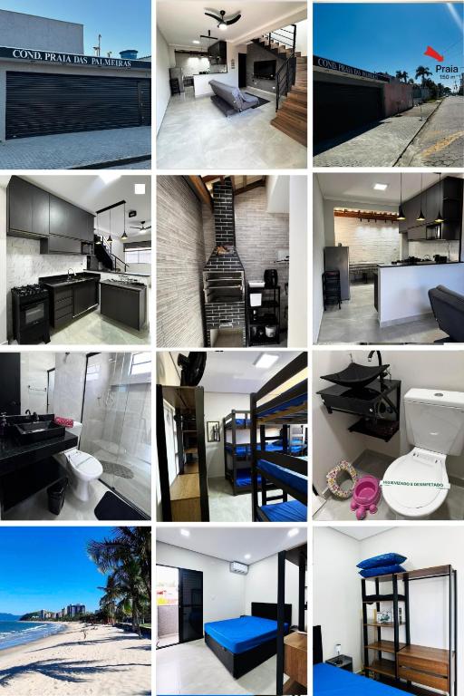 a collage of different pictures of a house at Sobrados Novos Litoral Norte Caraguatatuba, a 150 m a pe da Praia das Palmeiras, Ar condicionado, WiFi gratis, Churrasqueira privativa, Pet friendly, Estacionamento in Caraguatatuba