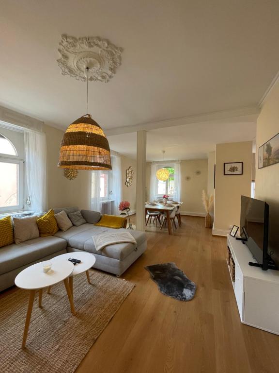 a living room with a couch and a tv at Le Cocon Turckheim in Turckheim