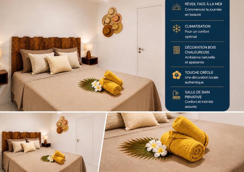 a flyer for a hotel room with a bed with flowers on it at Réveil face à la mer - Plage à 2 min - Résidence calme in Gourbeyre