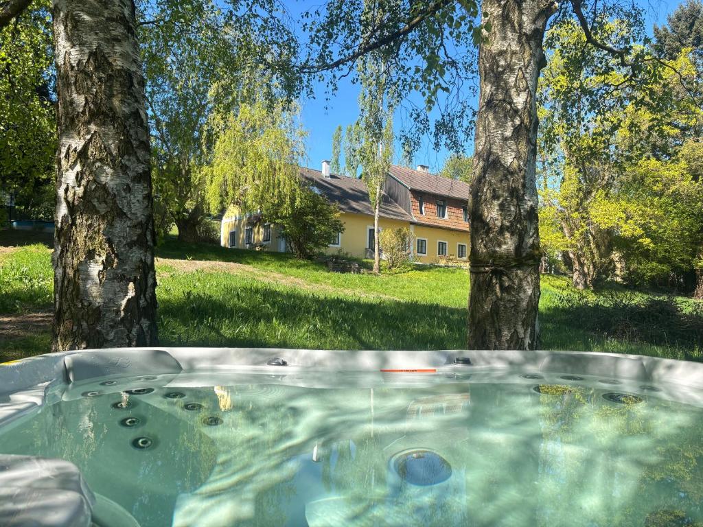 a hot tub in a yard with two trees at Wienerwaldhof in Irenental